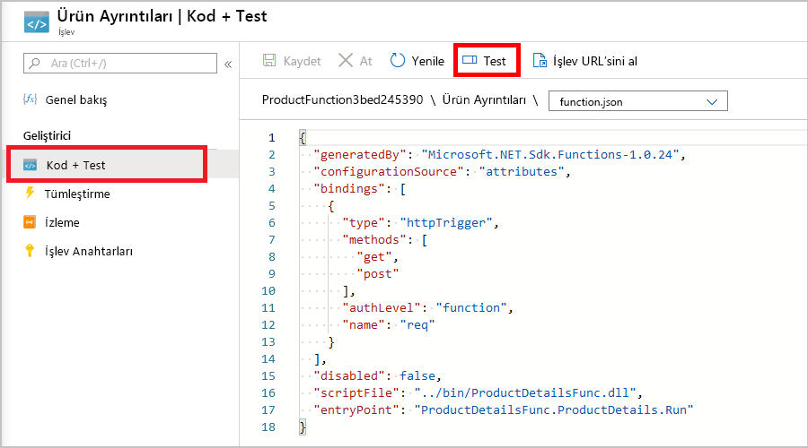 Screenshot of the ProductDetails Code and Test pane, with Test/Run selected in the command bar.