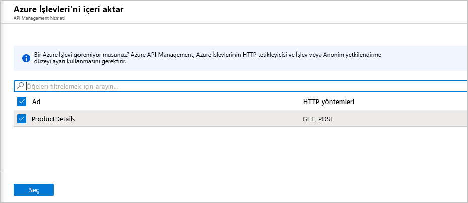 Screenshot showing the Import Azure Functions API Management service pane.