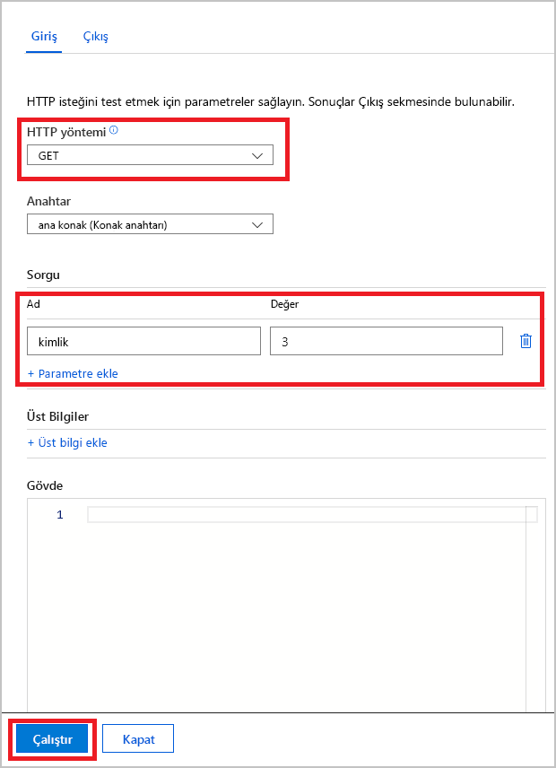 Screenshot of the input pane for Test + Run, with the input parameter for the HTTP GET method highlighted.