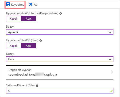 Screenshot of configuring application logs in the Azure portal with Save highlighted.