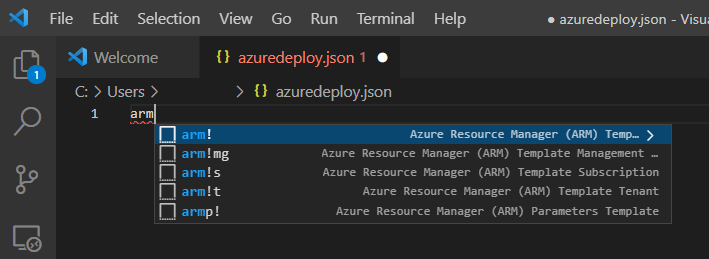 Visual Studio Code azuredeploy.json file showing the snippet choices for Azure Resource Manager templates.