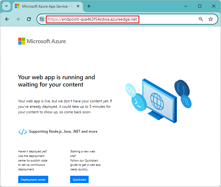 CdN uç noktasını gösteren adres çubuğuyla birlikte web uygulamasının hoş geldiniz sayfasının ekran görüntüsü.