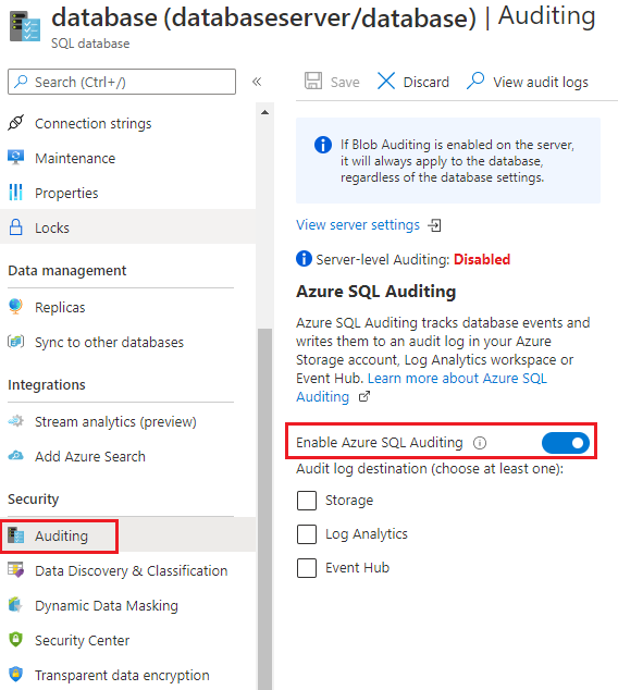 Azure SQL veritabanları için denetimin nasıl açıldığını gösteren ekran görüntüsü.