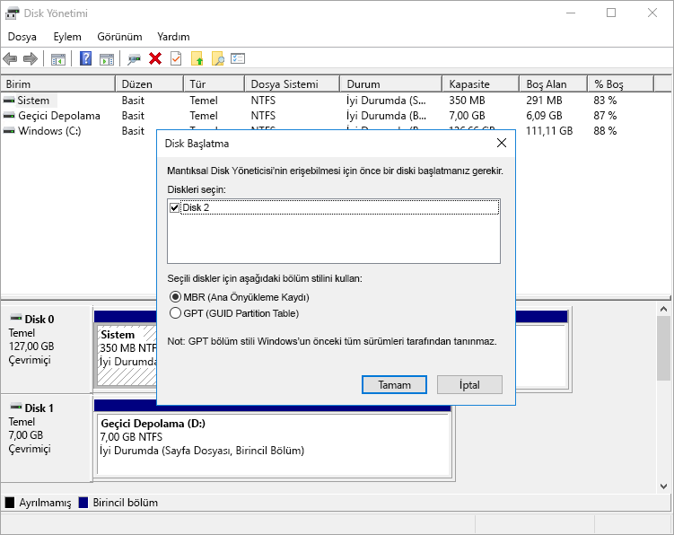 VM'deki başlatılmamış bir veri diski hakkında Disk Yönetimi aracı uyarısını gösteren ekran görüntüsü.