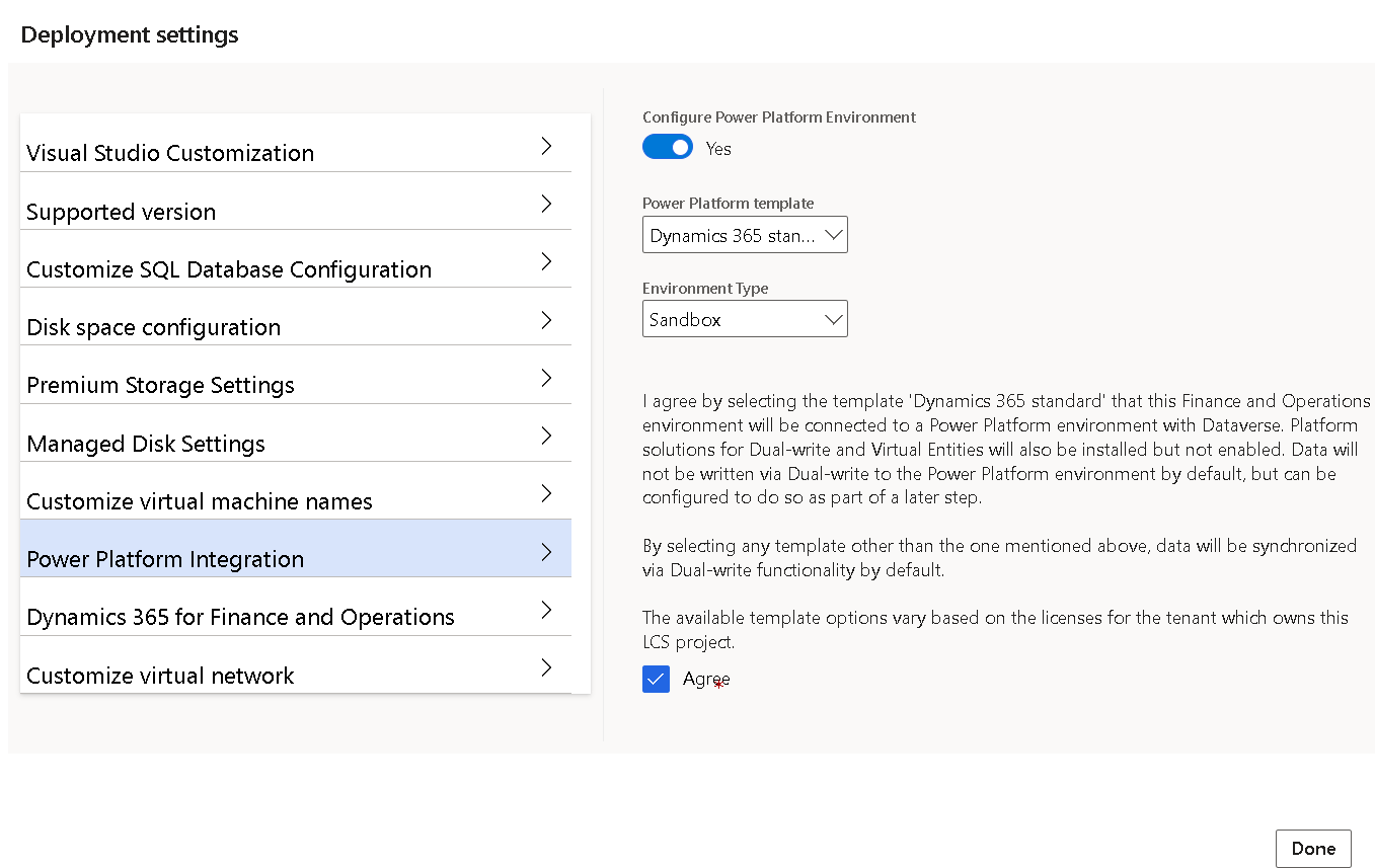 Screenshot of the Deployment settings window and Power Platform Integration.