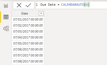 Veri görünümünde Due Date tablosunu gösteren görüntü. Date adlı tek bir sütun vardır ve değerler en eskiden en yeniye doğru sıralandığında ilk tarih 1 Temmuz 2017 olmuştur.