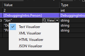 Visual Studio hata ayıklama görselleştiricisinin ekran görüntüsü.