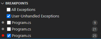 Kesme Noktaları bölmesinde listelenen kesme noktalarını gösteren ekran görüntüsü.