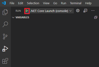 Visual Studio Code'da Hata ayıklamayı başlat düğmesinin ekran görüntüsü.