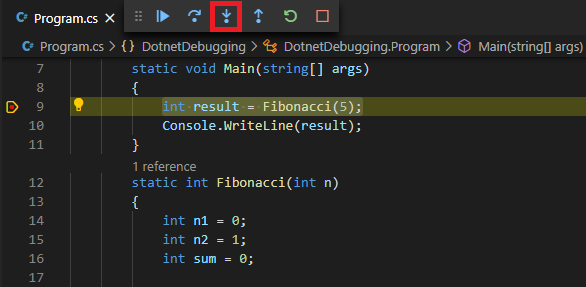 'Step into' düğmesinin ekran görüntüsü.
