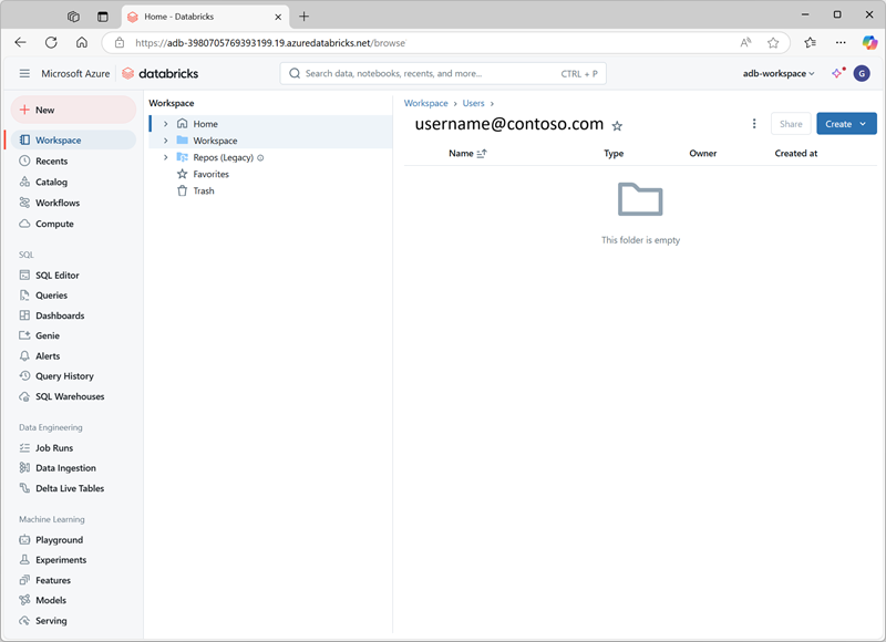 Azure Databricks Çalışma Alanı kullanıcı arabiriminin ekran görüntüsü.