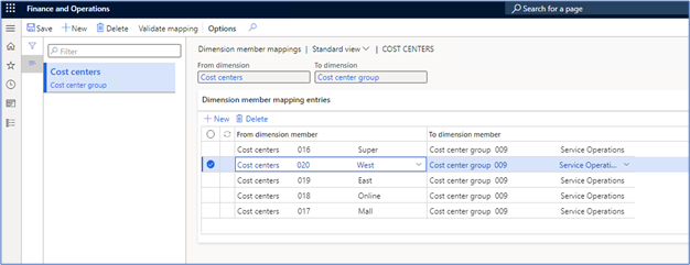 Screenshot of the Dimension member mappings page.