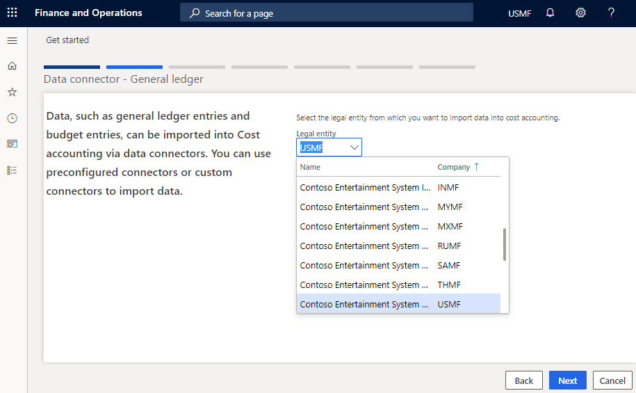 Screenshot of the Cost accounting Get started wizard, showing how to select legal entities.