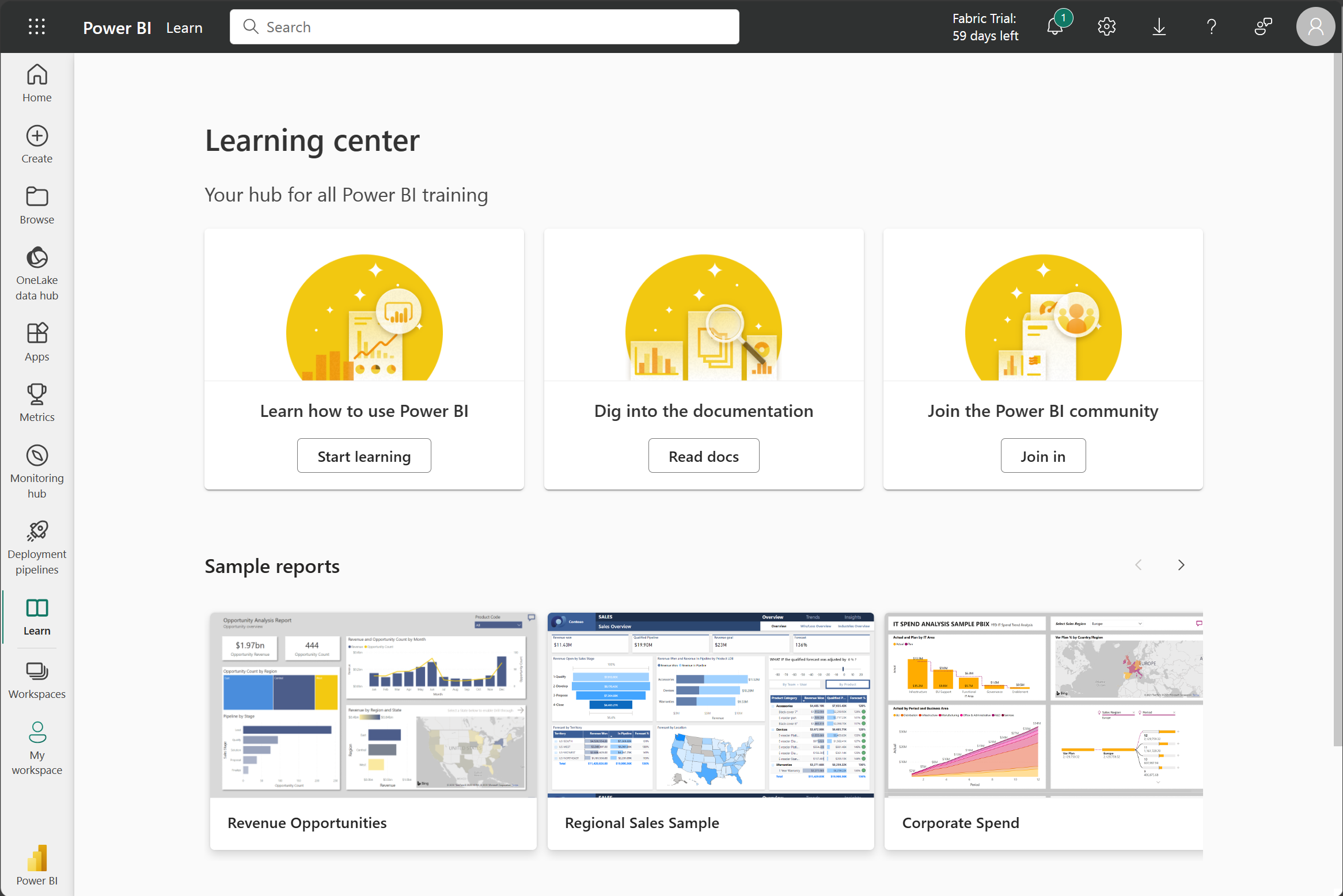 Yerleşik örnek raporların yer Power BI hizmeti Öğrenme merkezi ekran görüntüsü.