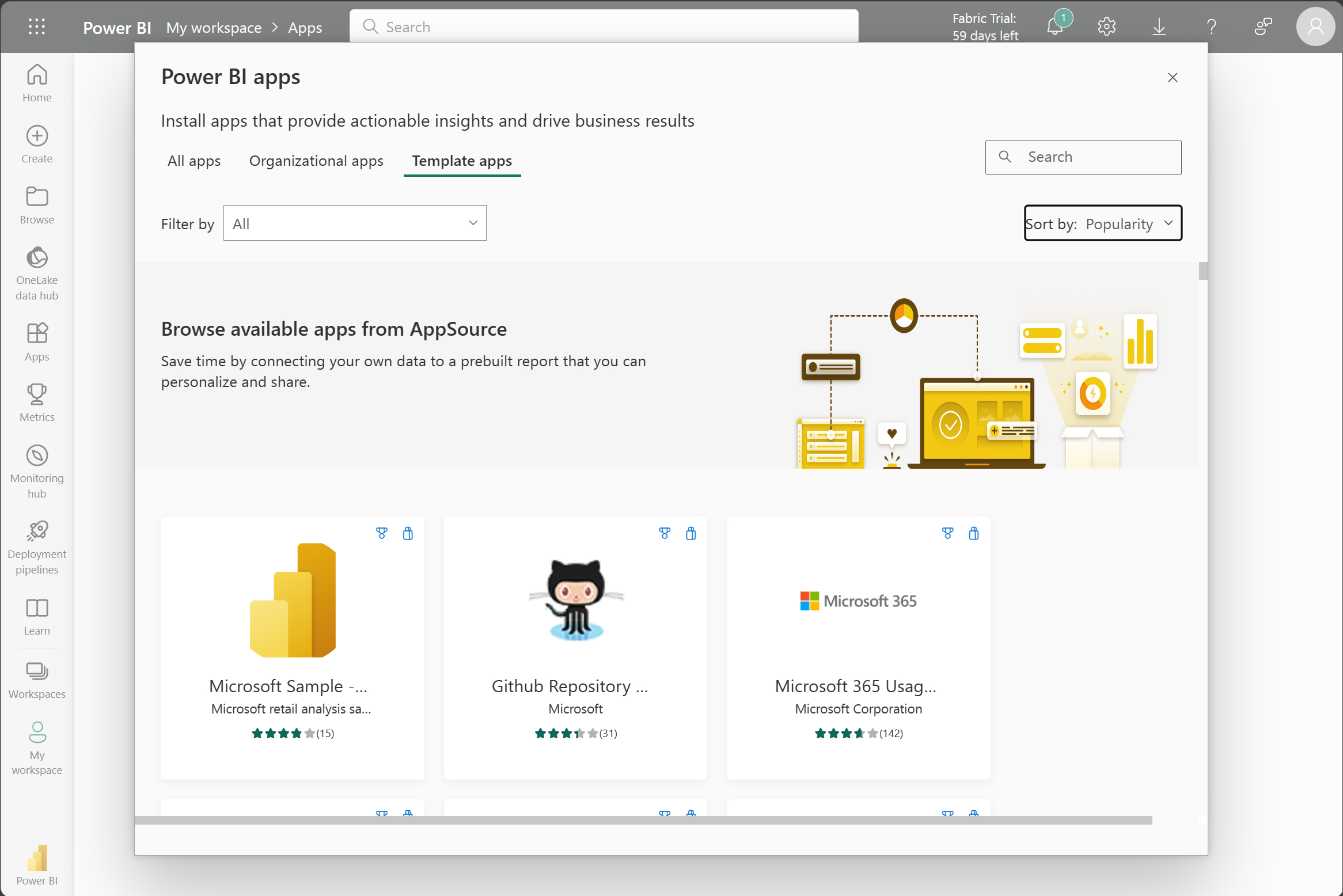 Power BI Şablonu uygulamalarının ekran görüntüsü.