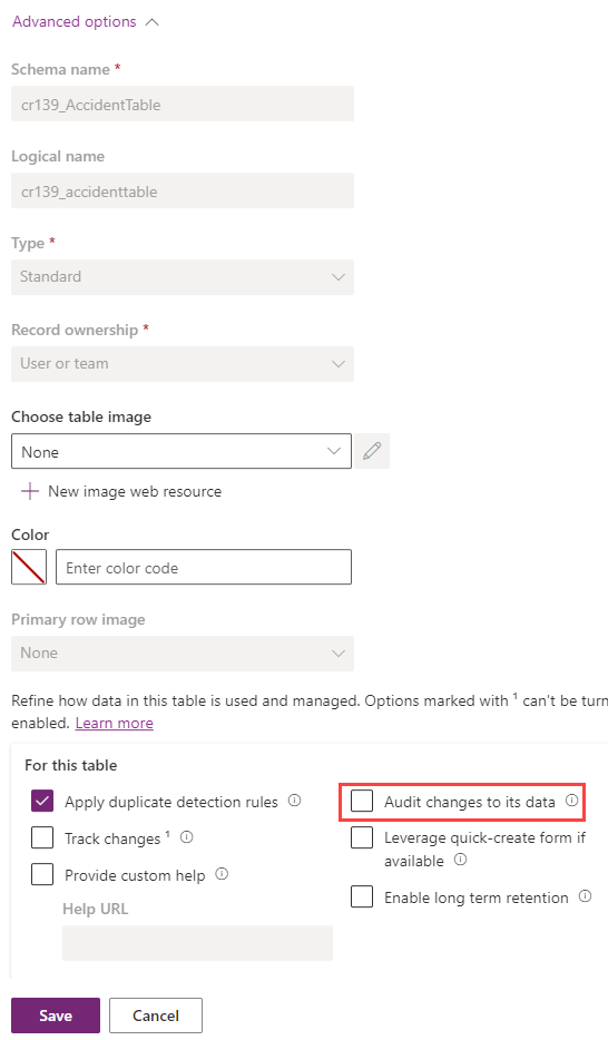 Screenshot of Edit table properties pane showing advanced options and the audit changes to its data highlighted.