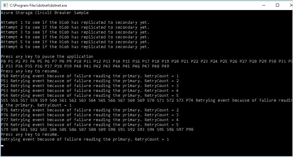 Screenshot of the output from the sample application, showing the switch from the primary account to the secondary account.