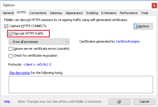 Screenshot of the Fiddler HTTPS configuration tab in the Options dialog box.