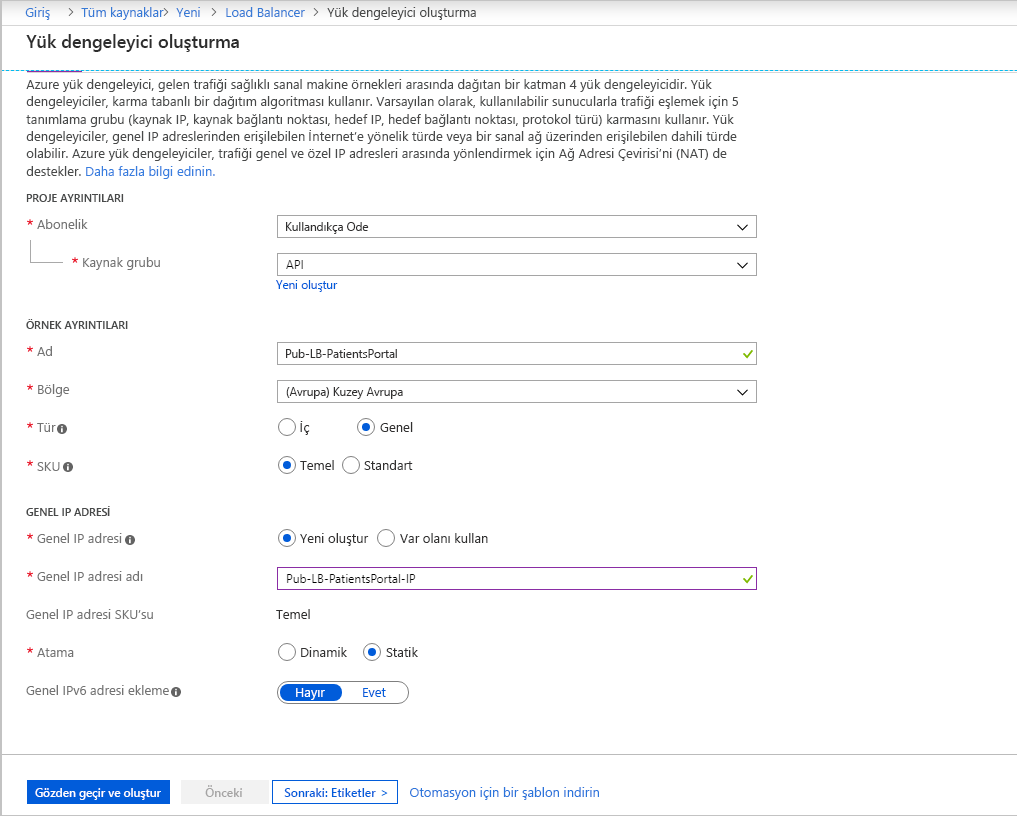 Screenshot that shows the Basics tab of the Create a Load Balancer screen in the Azure portal.