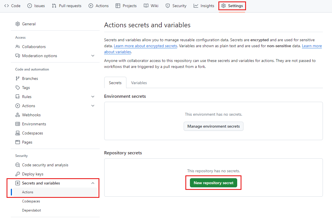 'Gizli Diziler' sayfasını gösteren GitHub arabiriminin ekran görüntüsü. 'Yeni depo gizli dizisi' düğmesi vurgulanır.