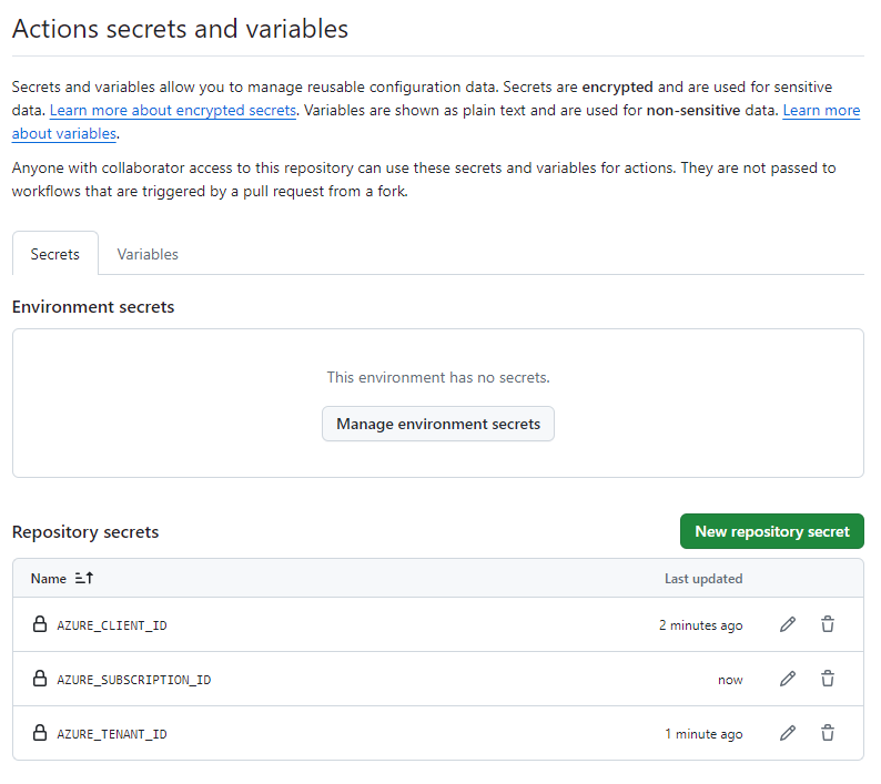 Gizli dizi listesini gösteren GitHub arabiriminin ekran görüntüsü.