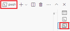 Kabuk açılan listesinde pwsh seçeneğinin görüntülendiği Visual Studio Code terminal penceresinin ekran görüntüsü.