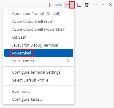 Terminal kabuğu açılan listesinin gösterildiği ve PowerShell'in seçili olduğu Visual Studio Code terminal penceresinin ekran görüntüsü.