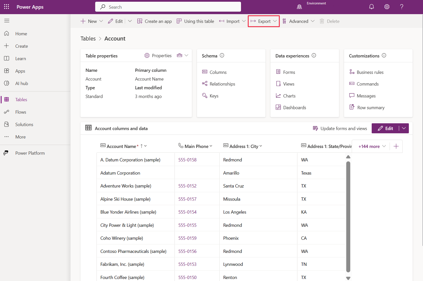 Screenshot of the Power Apps table editor with the Export and Export data buttons highlighted.