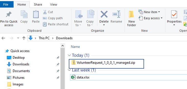 Screenshot of zipped file named VolunteerRequest_1_0_0_1_managed.zip.