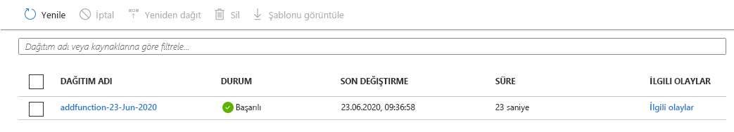 Screenshot of the Azure portal that shows deployments. One deployment is listed and has a status of Succeeded.