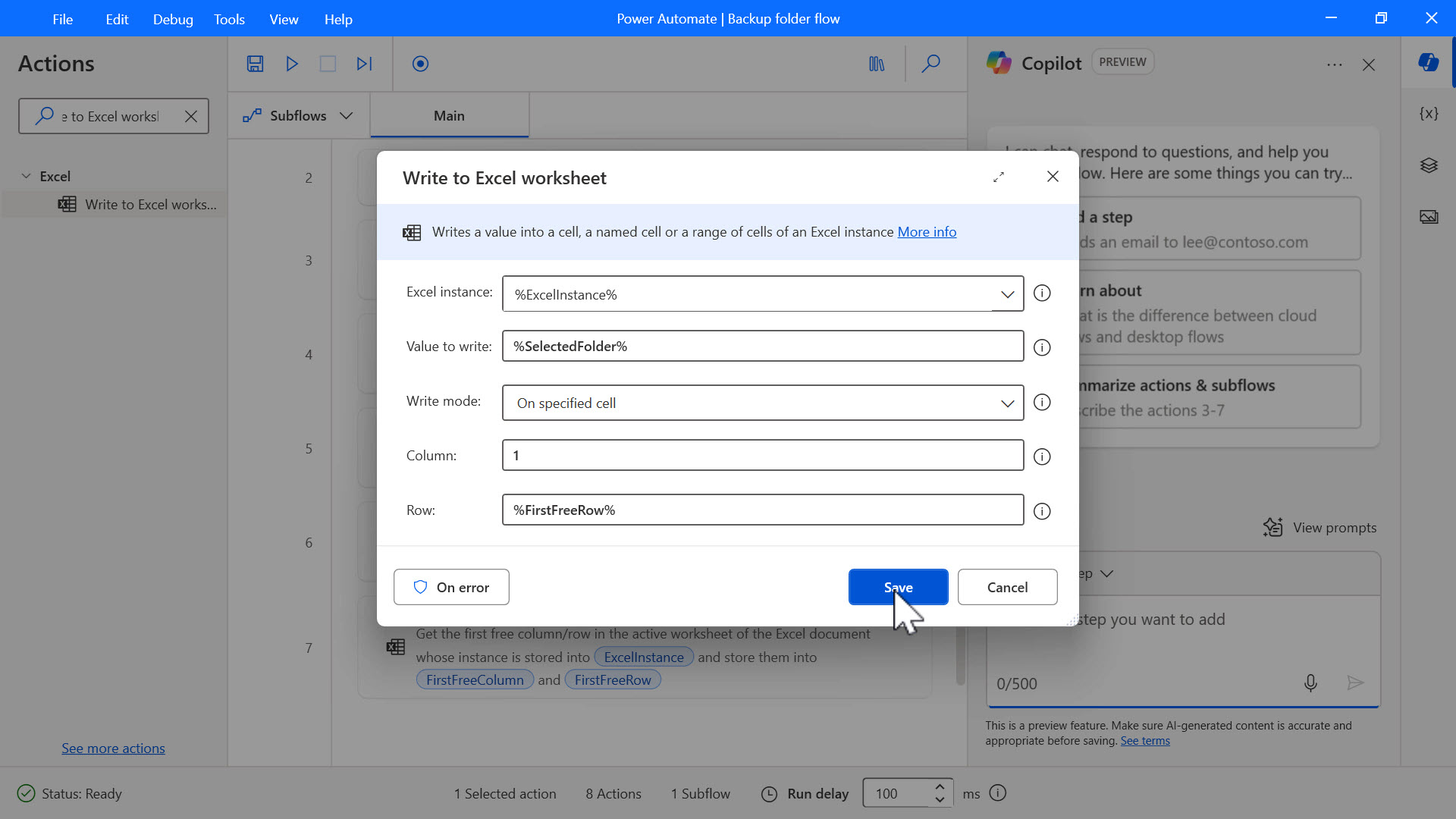 Screenshot of the Write to Excel worksheet with 1 entered in the column field.