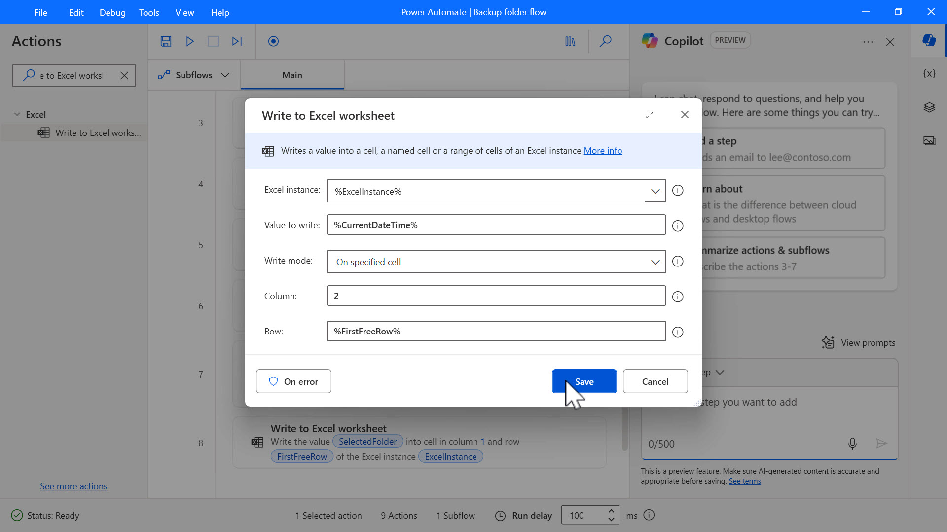 Screenshot of the Write to Excel worksheet with 2 entered in the column field.