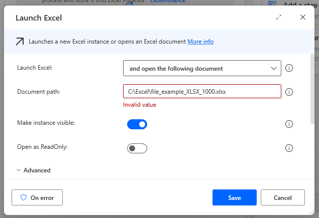 Screenshot of the excel loop.