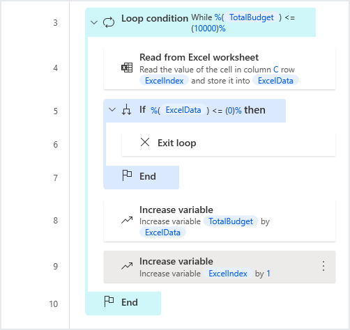 Screenshot of the exit loop action workspace.