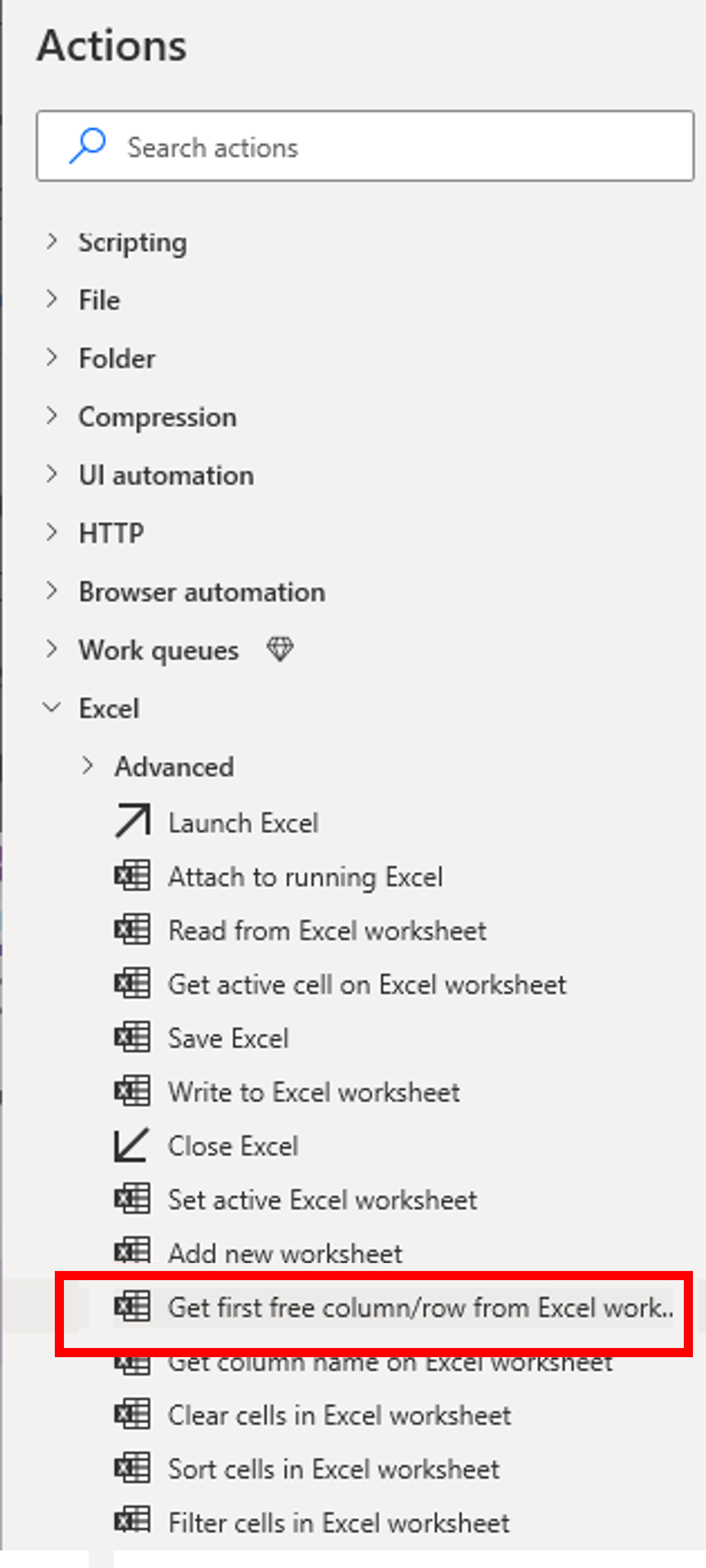 Screenshot of the Actions table with Get first free column highlighted.