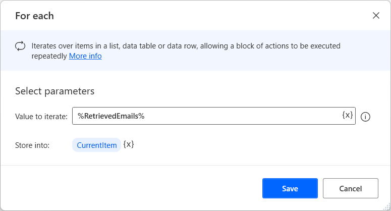 Screenshot of the For each loop action properties dialog.