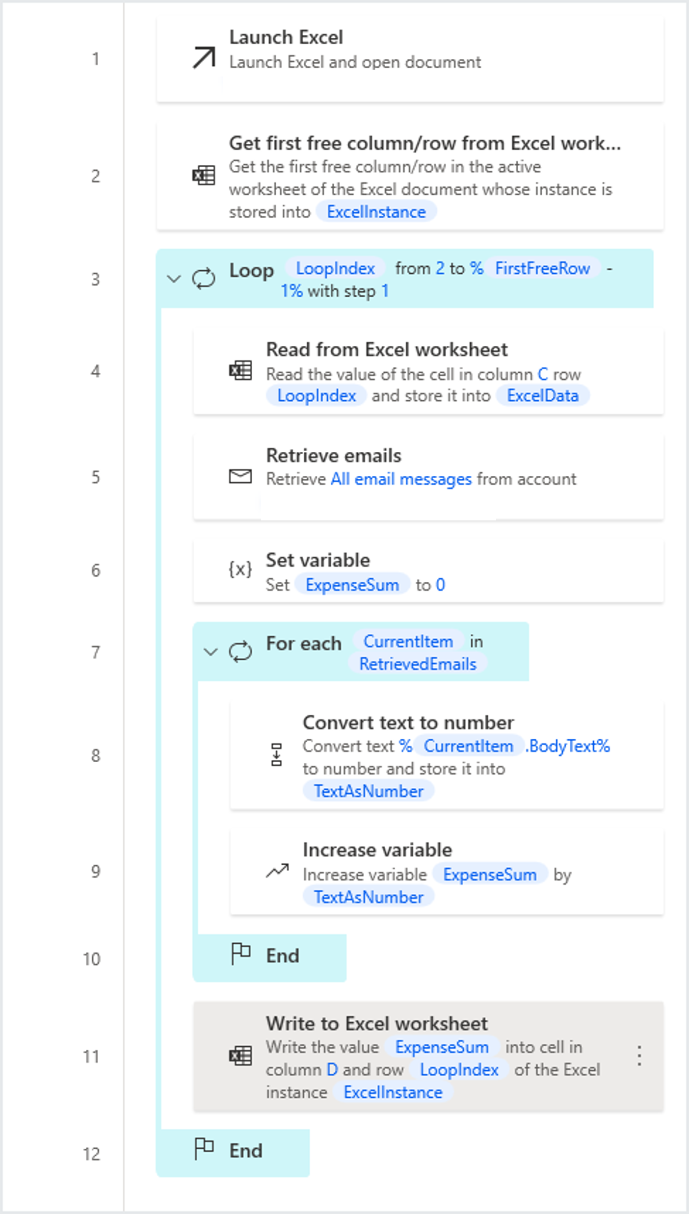 Screenshot of the for each loop example workspace.
