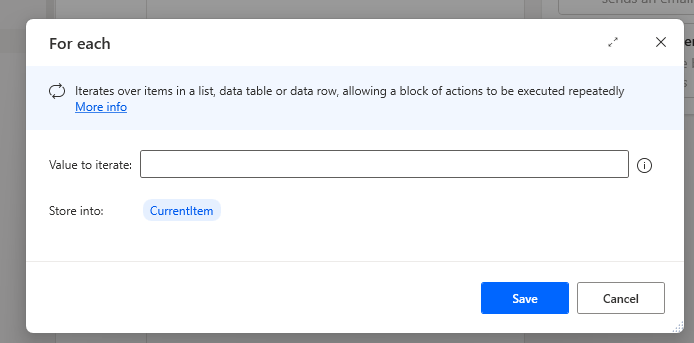 Screenshot of the For each action properties dialog.