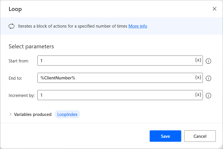 Screenshot of the Loop action properties dialog.