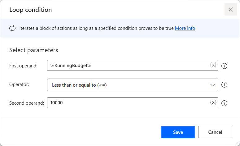 Screenshot of the Loop condition action properties dialog.