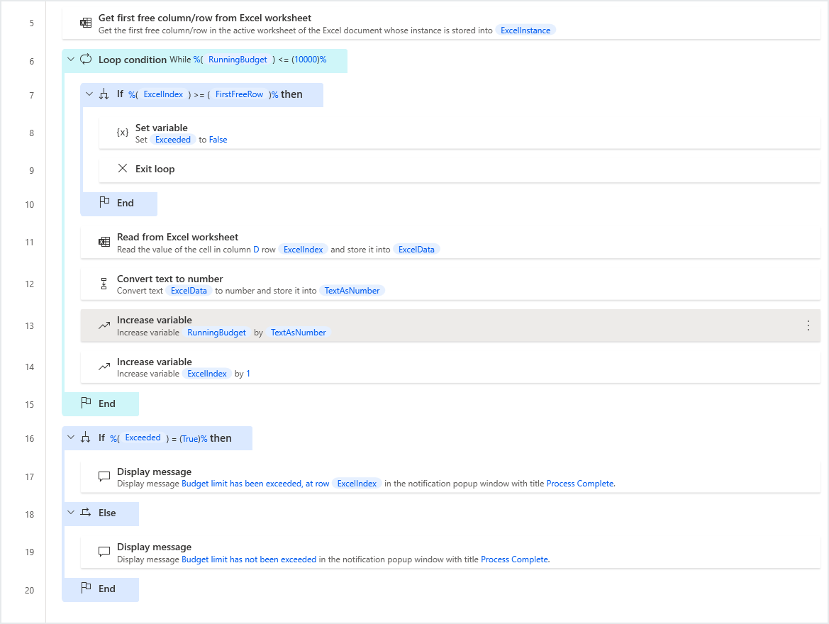 Screenshot of the completed loop condition if workspace example.
