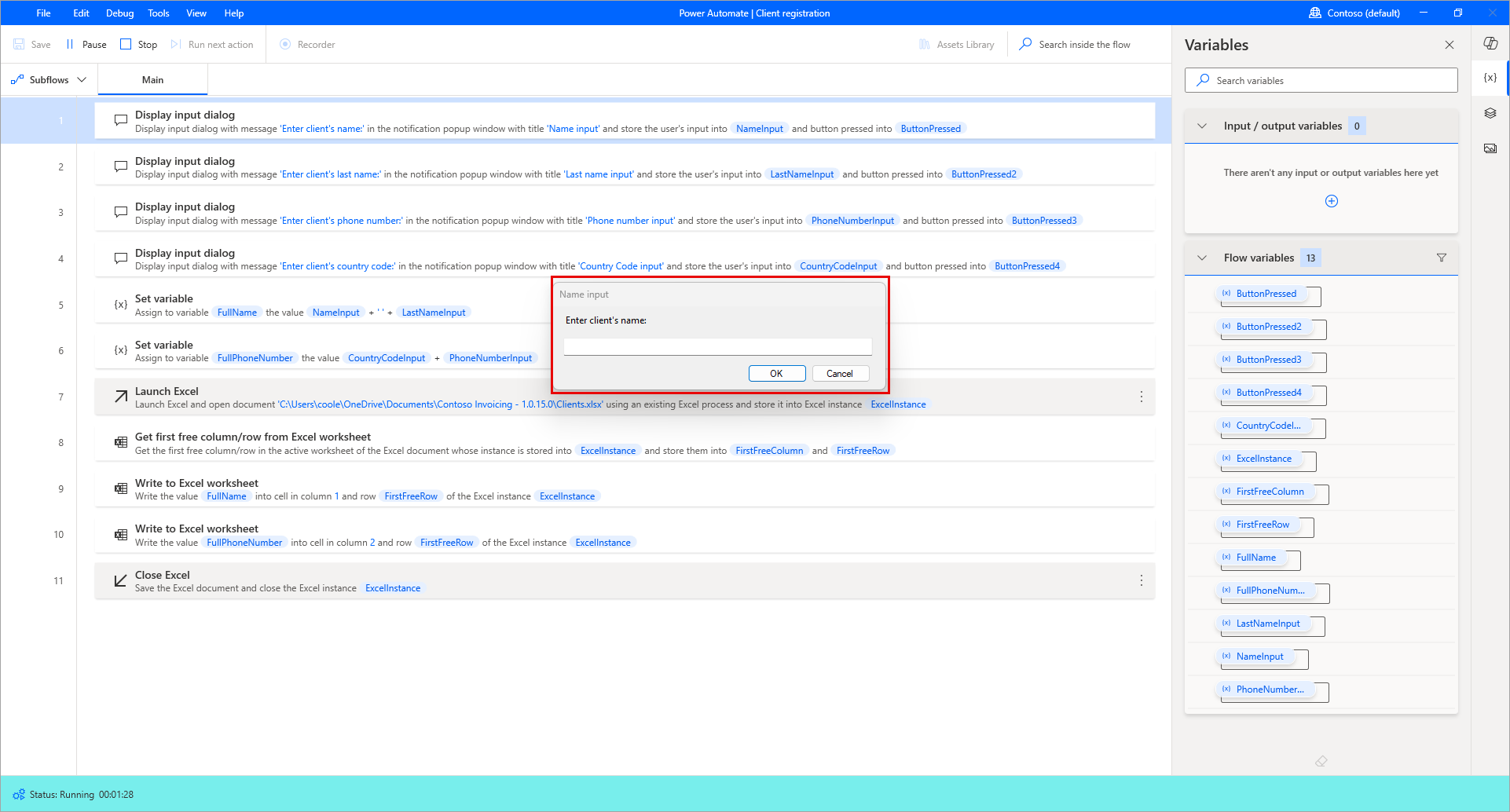 Screenshot of the final flow and the Name input.