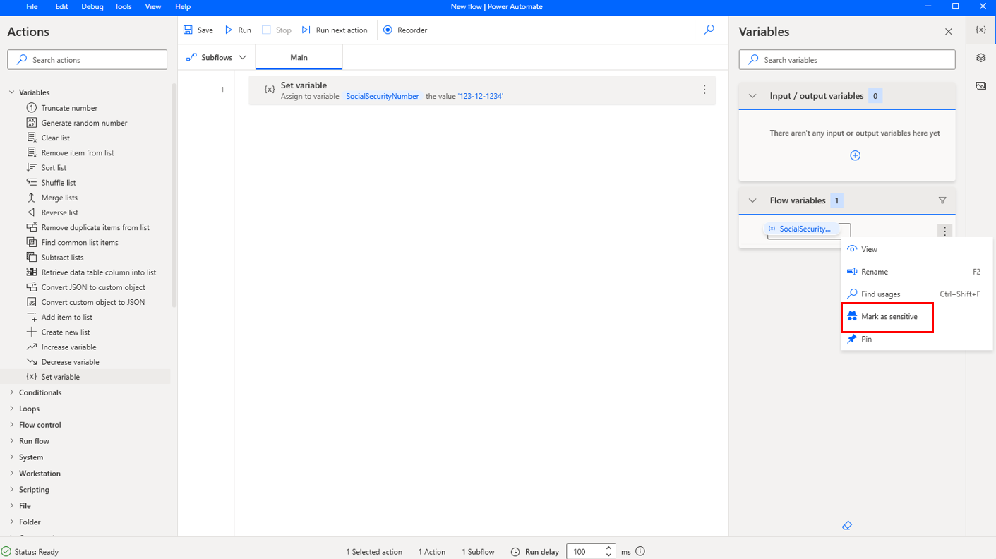 Screenshot of the Mark as sensitive option in the flow designer.