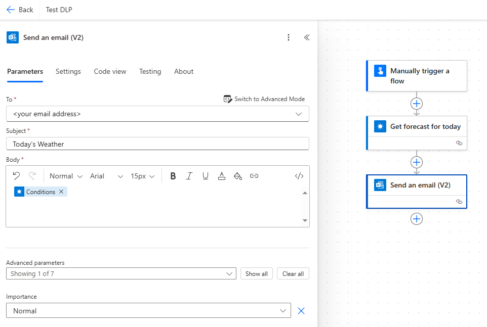 Screenshot of the Get forecast for today and Send an email actions.