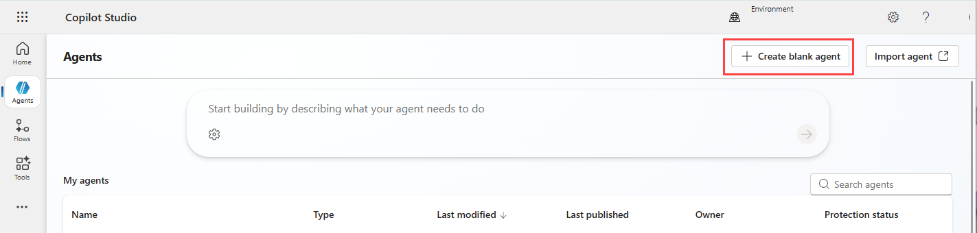 Screenshot of the creating a blank agent in Copilot Studio.
