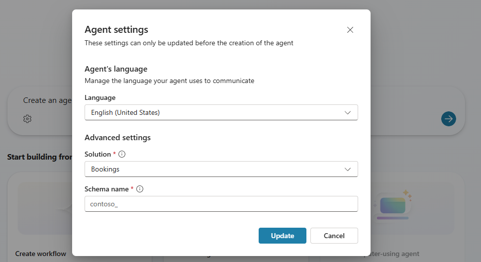 A screenshot of Agent settings when creating an agent in Copilot Studio.