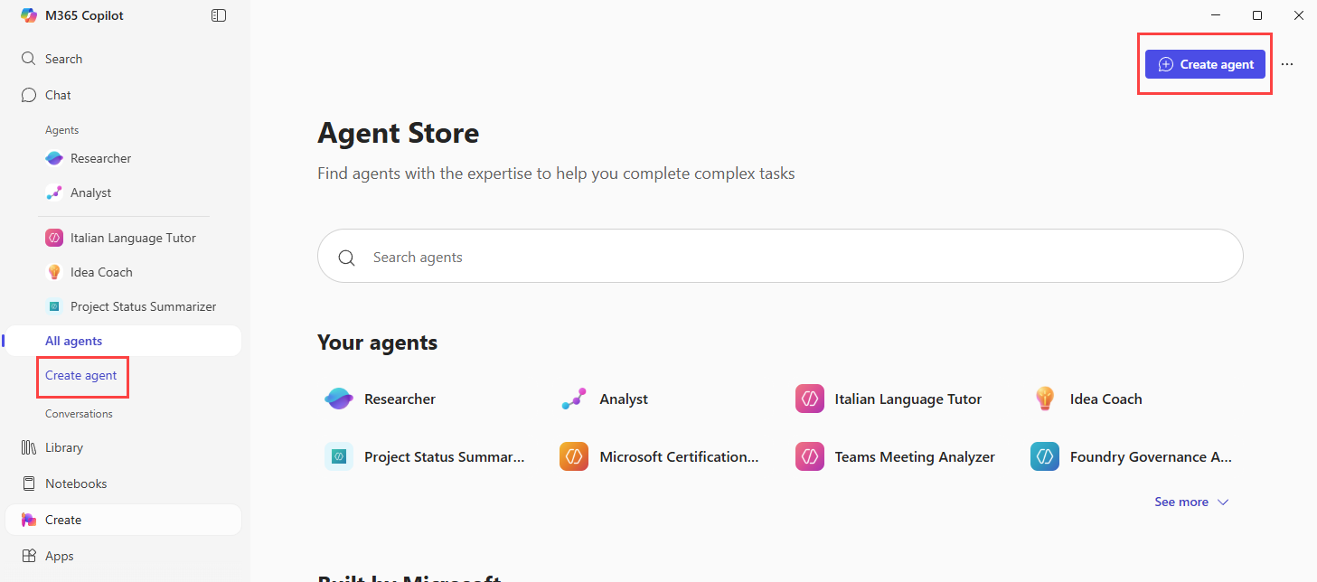 Screenshot of Microsoft 365 Copilot agents.