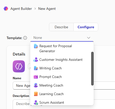 Screenshot of declarative agent templates.