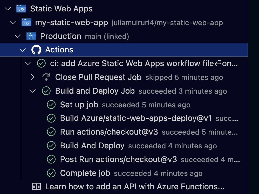 GitHub Actions aracılığıyla ilerleme durumunu denetlemeyi gösteren ekran görüntüsü.