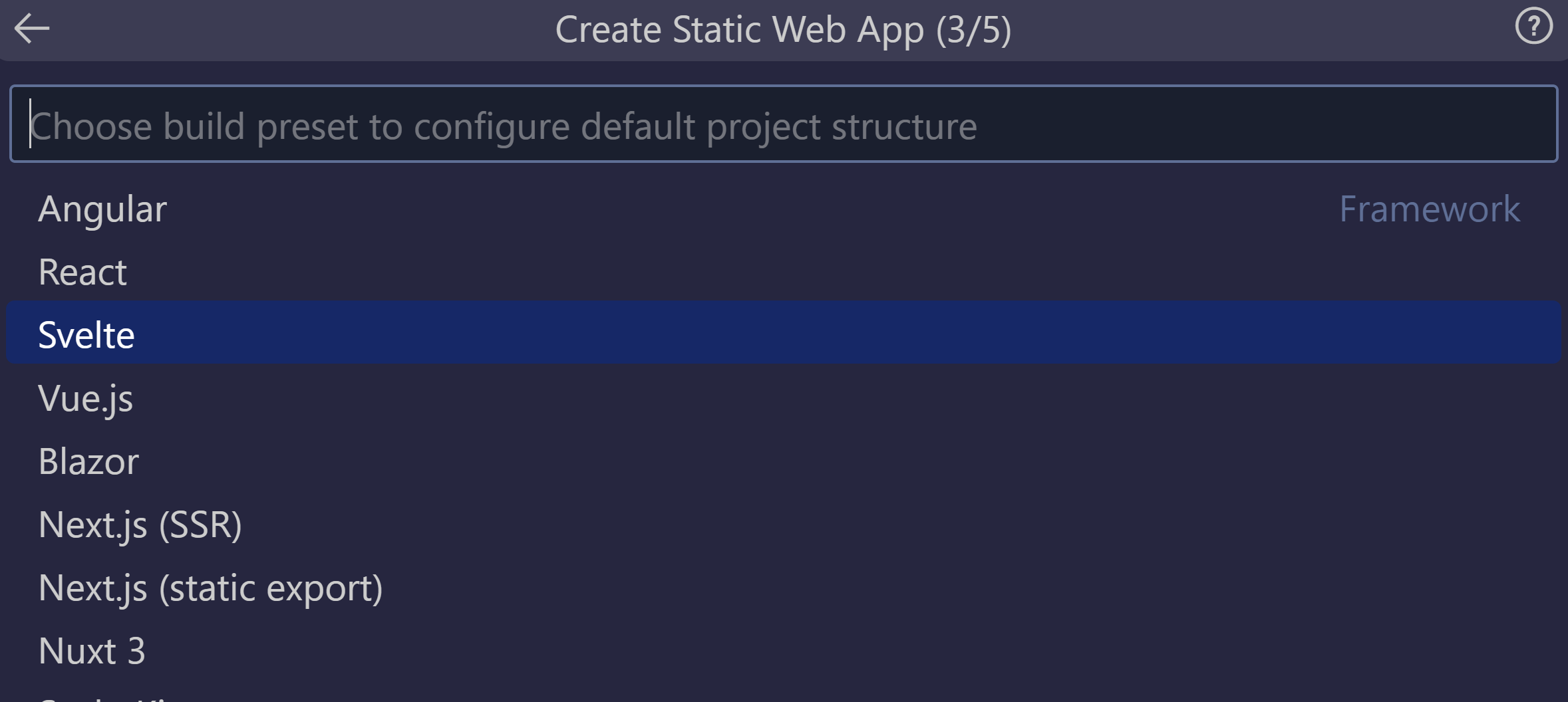 Svelte seçeneğinin seçili olduğunu gösteren ekran görüntüsü.